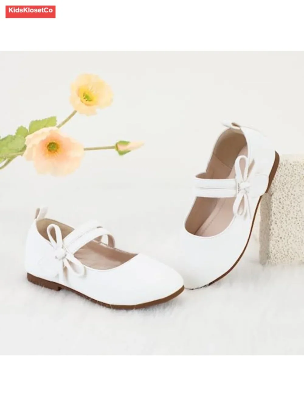 Kids Mary Jane Ballet Flats with Bow, Double Strap, Hook & Loop Closure